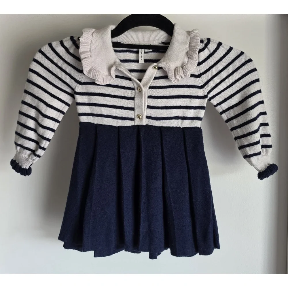 Cat & Jack Girls Striped Collared Long Sleeve Dress White Navy Preppy